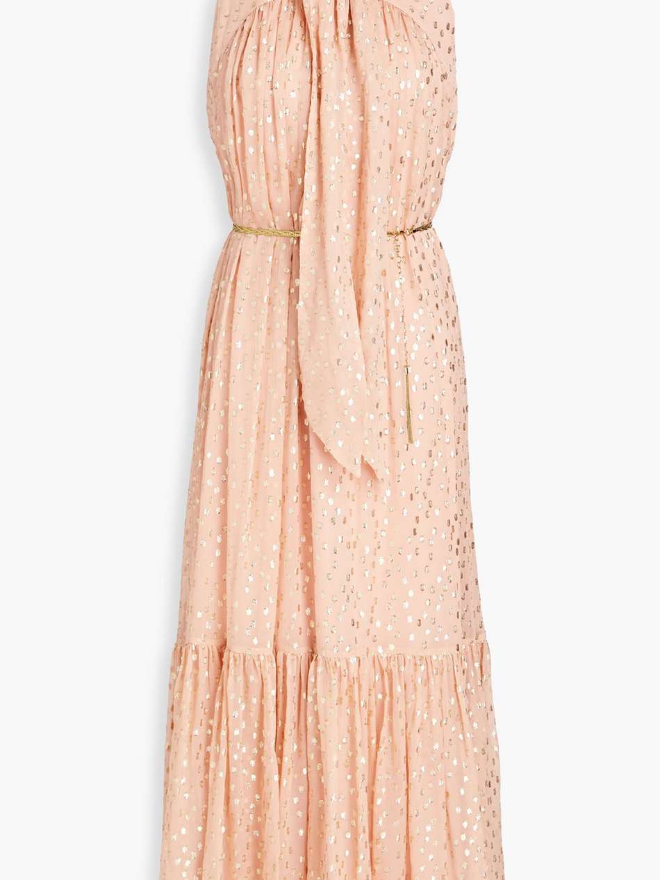 pussy-bow metallic fil coupé silk-crepon midi dress
