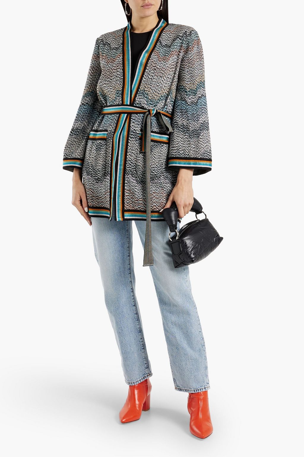 MISSONI Belted striped jacquard-knit wool-blend cardigan