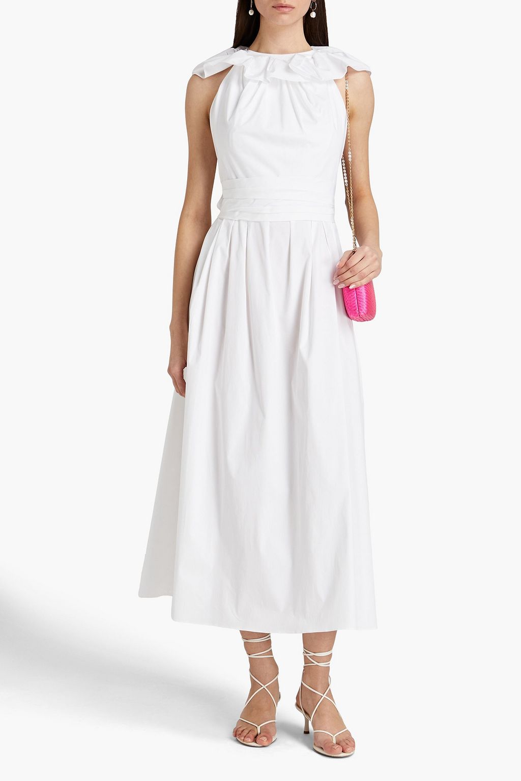 CAROLINA HERRERA コットン混ポプリン ミディワンピース タック入り