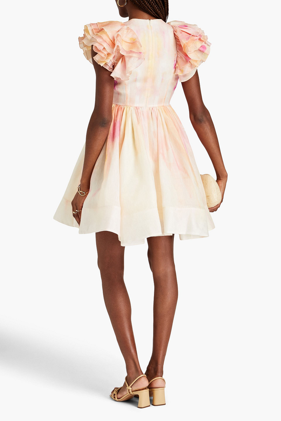 Zimmermann Prima Ruffled Tie-dyed Linen And Silk-blend Mini Dress In Pastel Orange