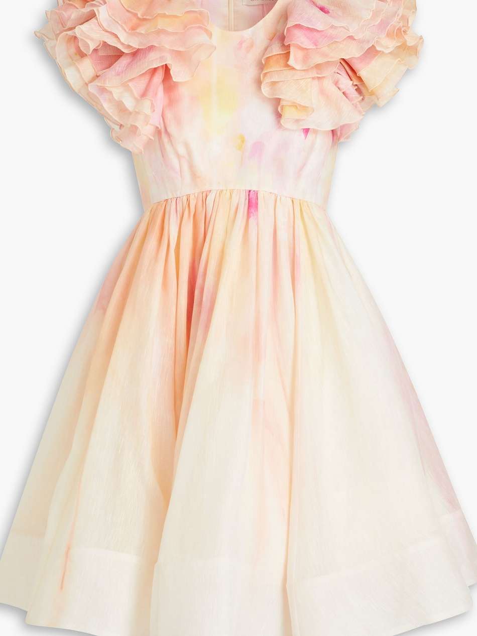 ruffled tie-dyed linen and silk-blend mini dress