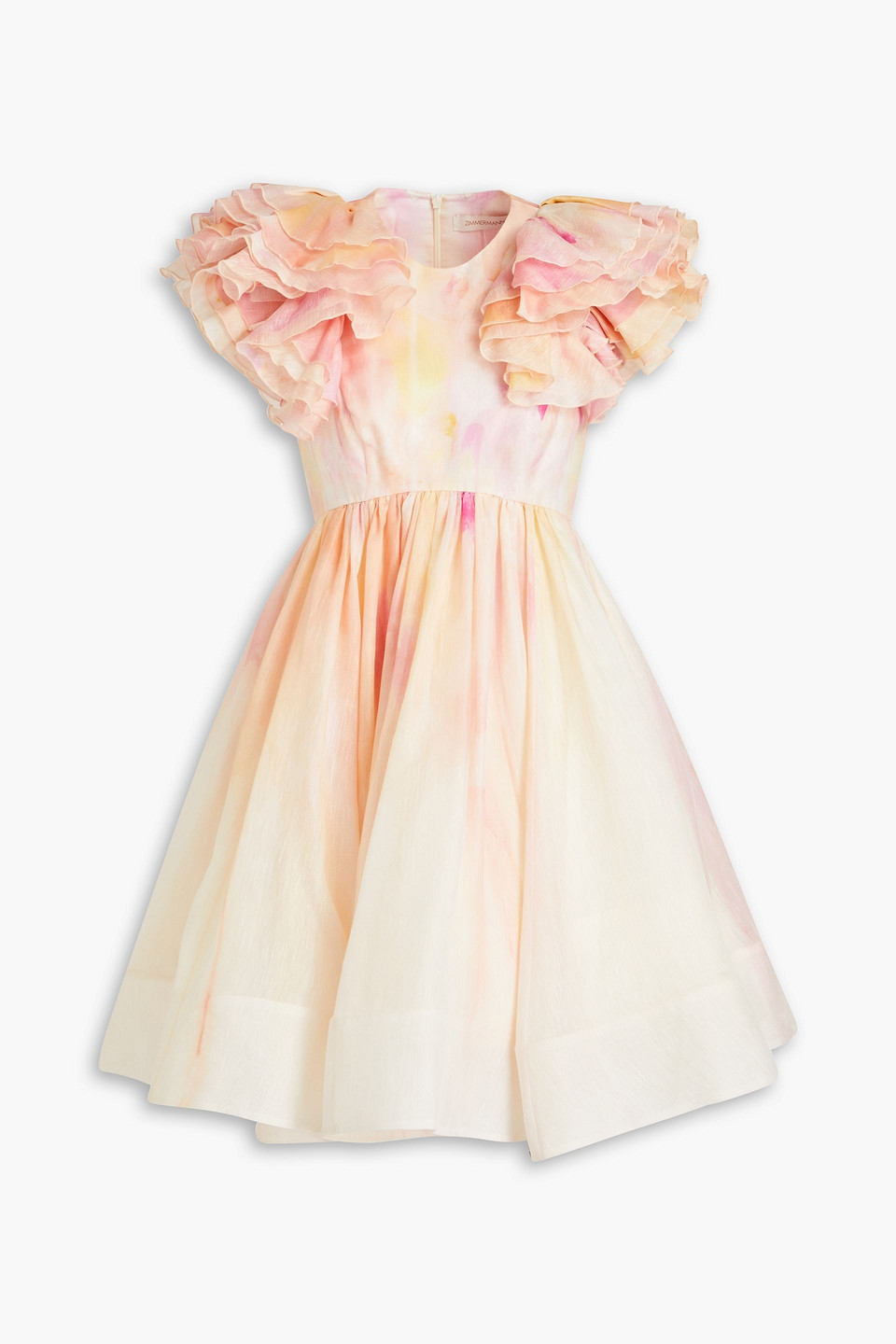 Zimmermann Prima Ruffled Tie-dyed Linen And Silk-blend Mini Dress In Pastel Orange