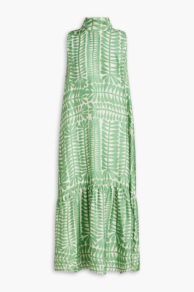 Oslo bow-embellished gathered printed silk-twill midi dress