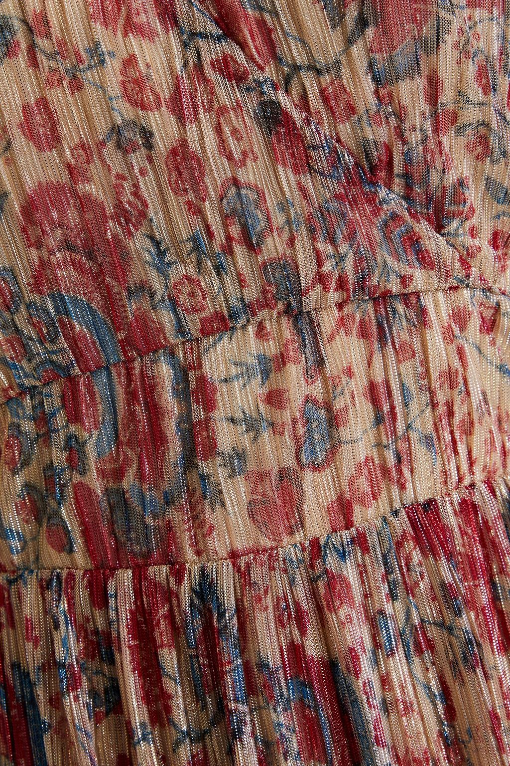BA&SH Athena Maxikleid aus plissiertem Lamé mit floralem Print