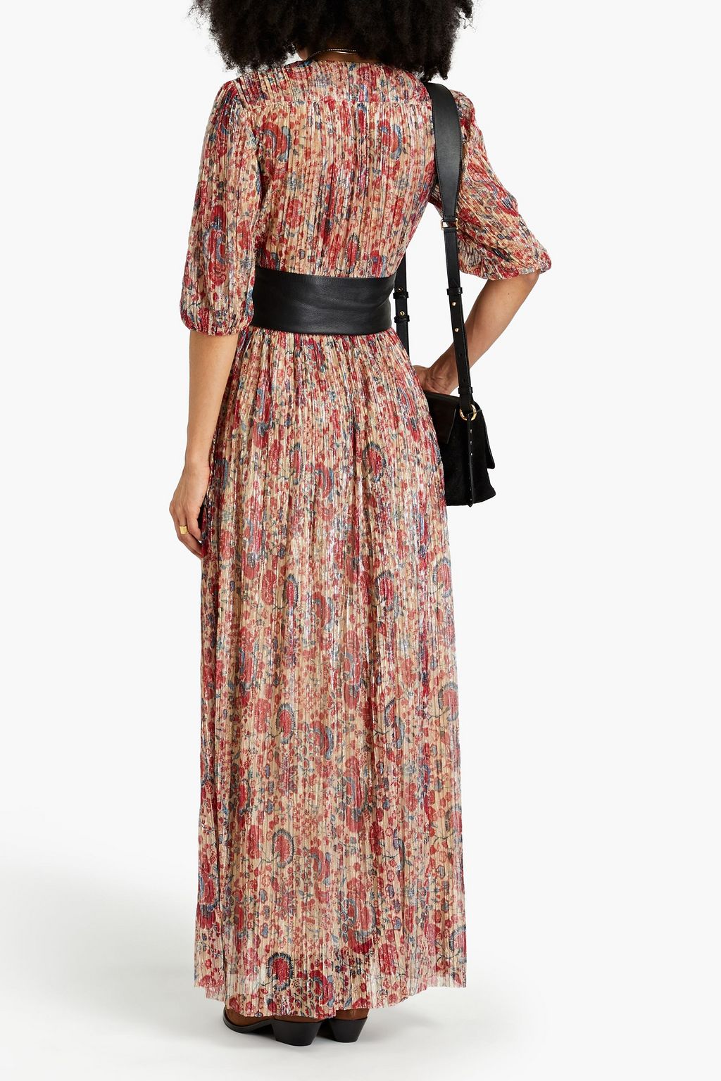 BA&SH Athena Maxikleid aus plissiertem Lamé mit floralem Print