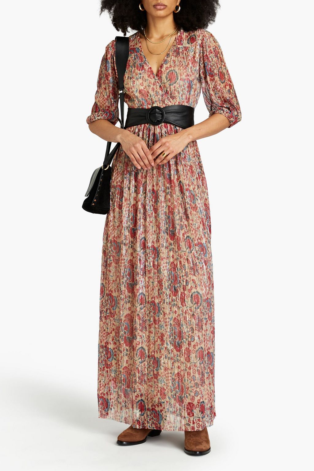 BA&SH Athena Maxikleid aus plissiertem Lamé mit floralem Print