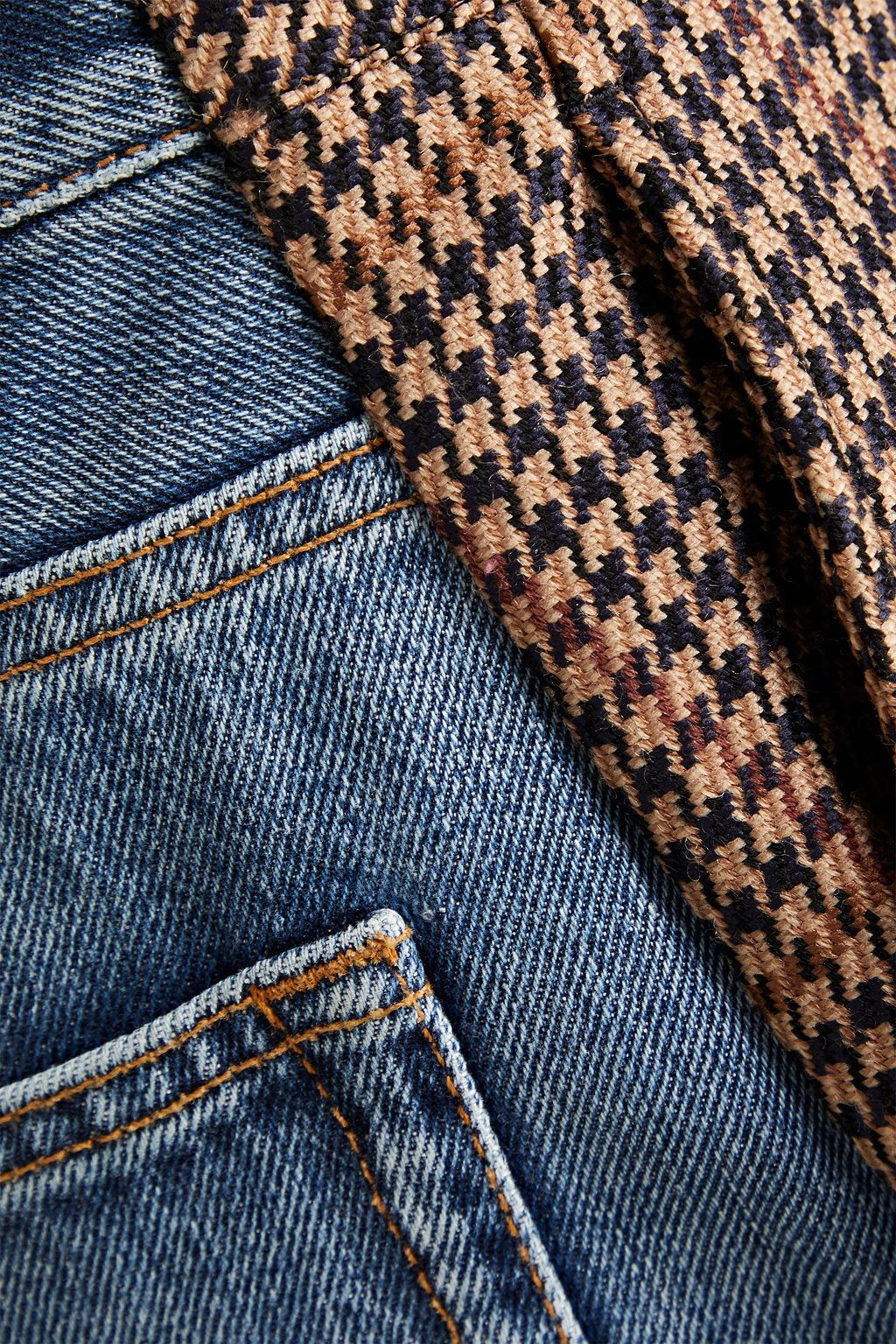 BALENCIAGA Houndstooth wool-blend tweed and denim midi skirt
