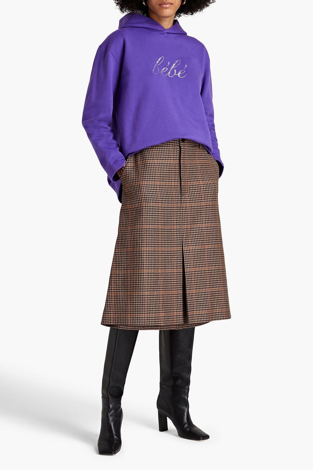 BALENCIAGA Houndstooth wool-blend tweed and denim midi skirt