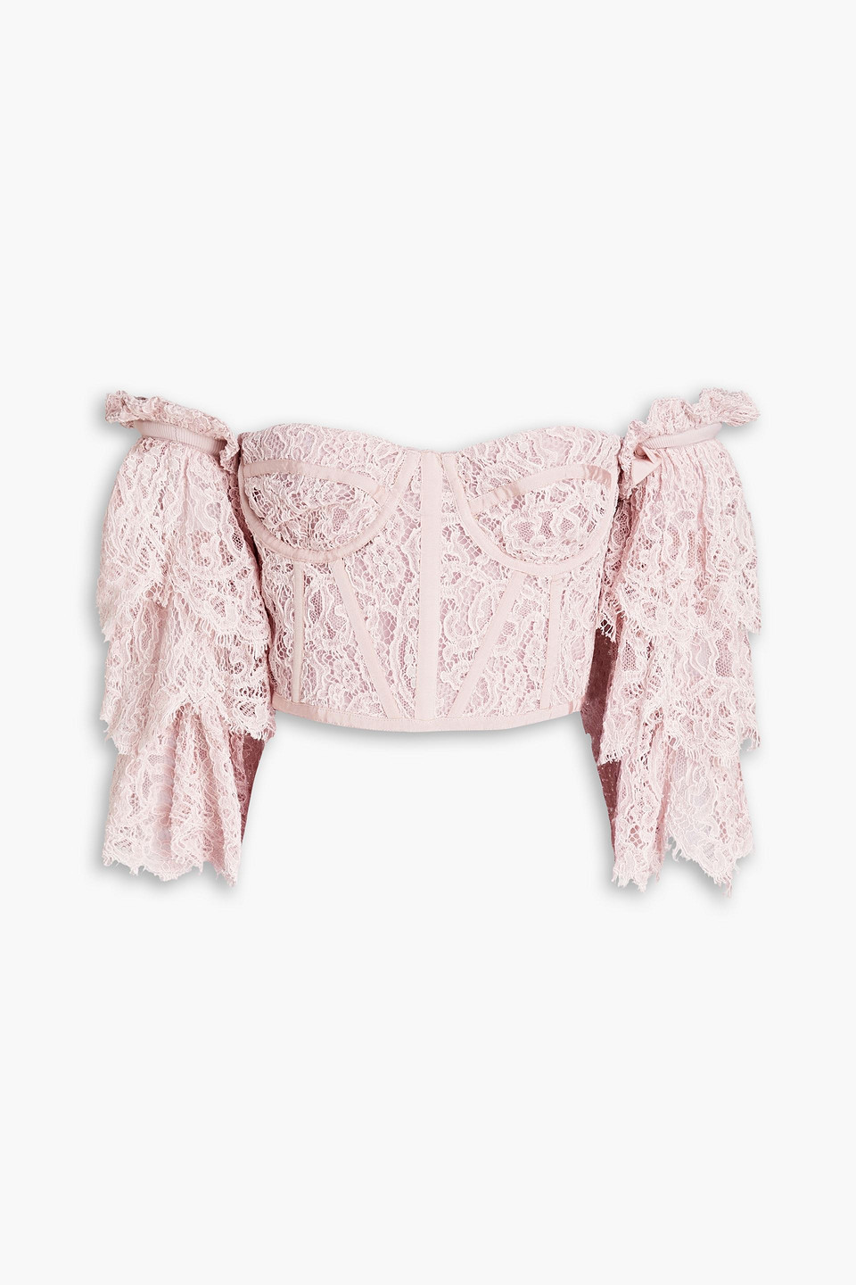 Zuhair Murad Off-the-shoulder Tiered Lace Bustier Top In Pink