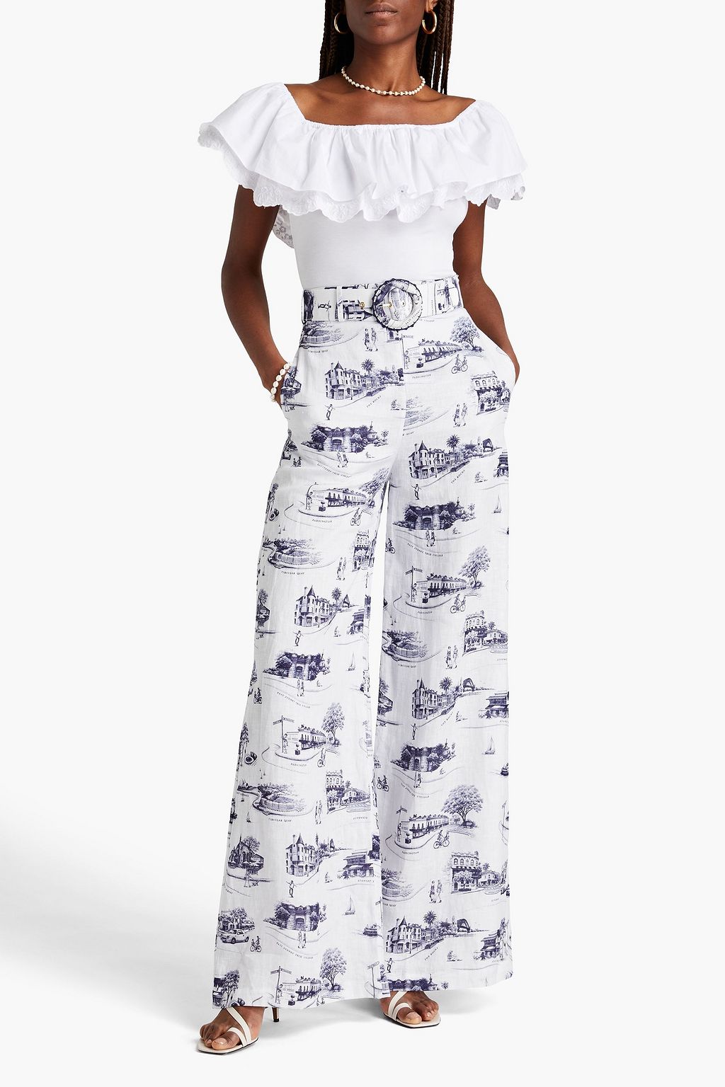 ZIMMERMANN Belted printed linen-canvas wide-leg pants