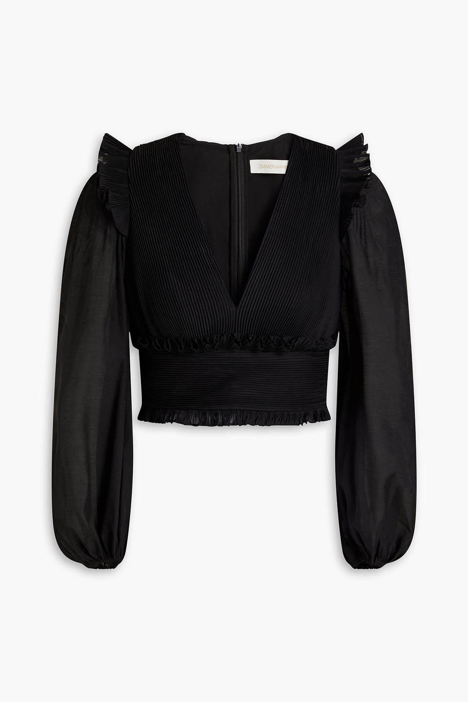 Zimmermann Cropped Ruffled Plissé-organza Top In Black