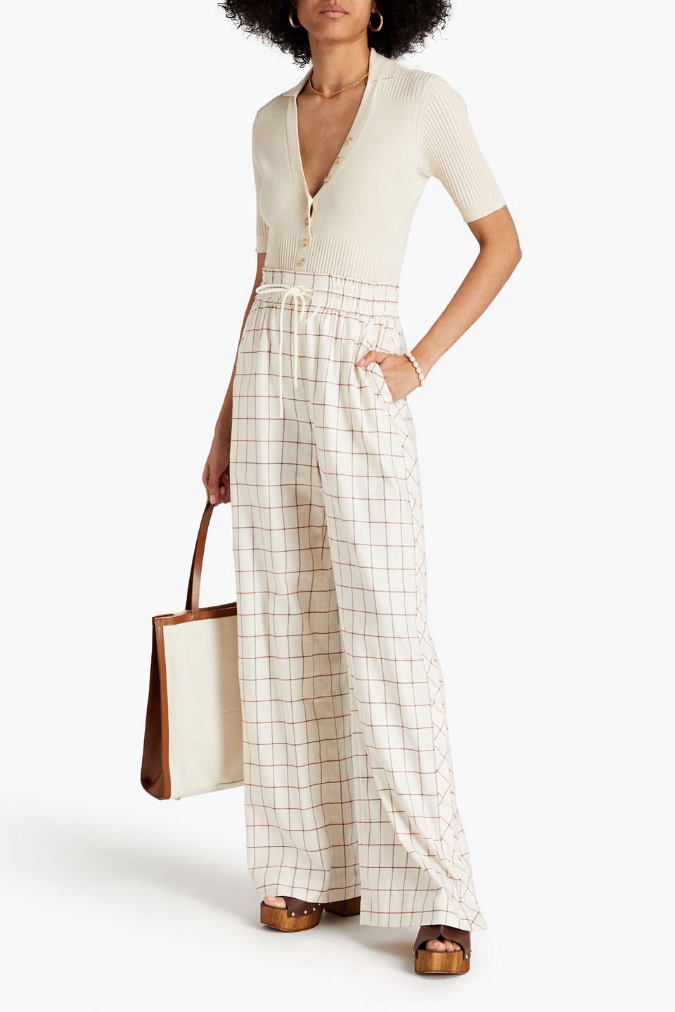 Shop Zimmermann Dancer Checked Cotton-blend Wide-leg Pants In Ecru