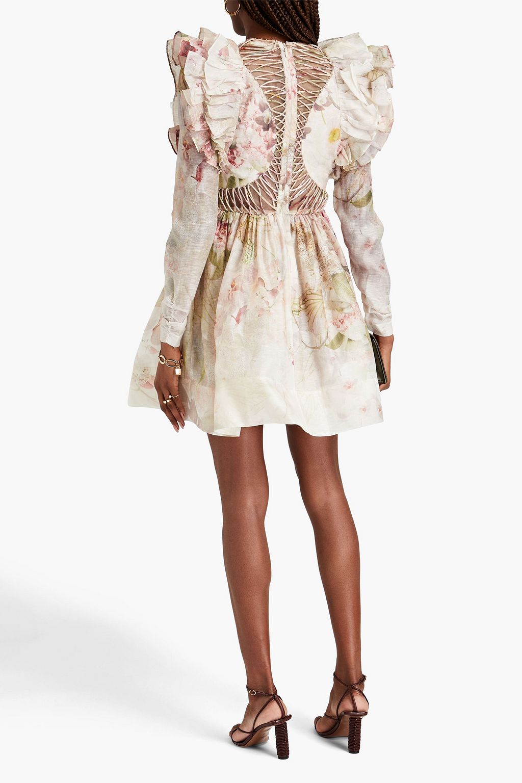 ZIMMERMANN Embellished ruffled floral-print linen and silk-blend mini dress