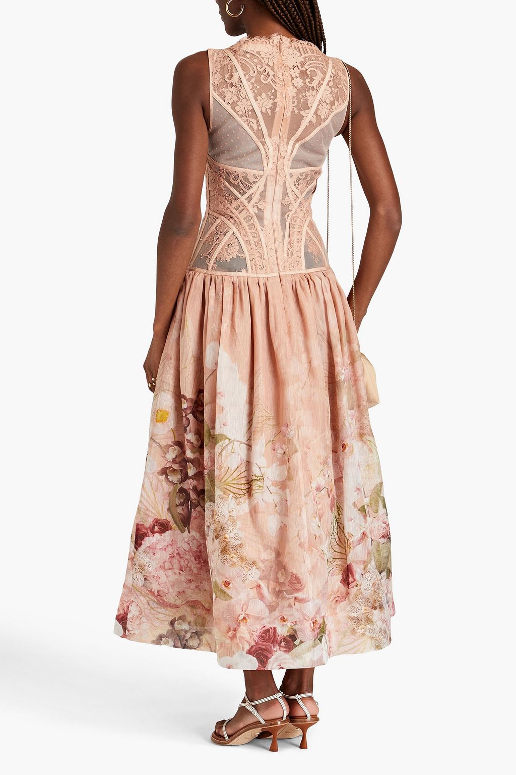 ZIMMERMANN Floral-print silk and linen-blend gauze, point d'esprit and lace maxi dress