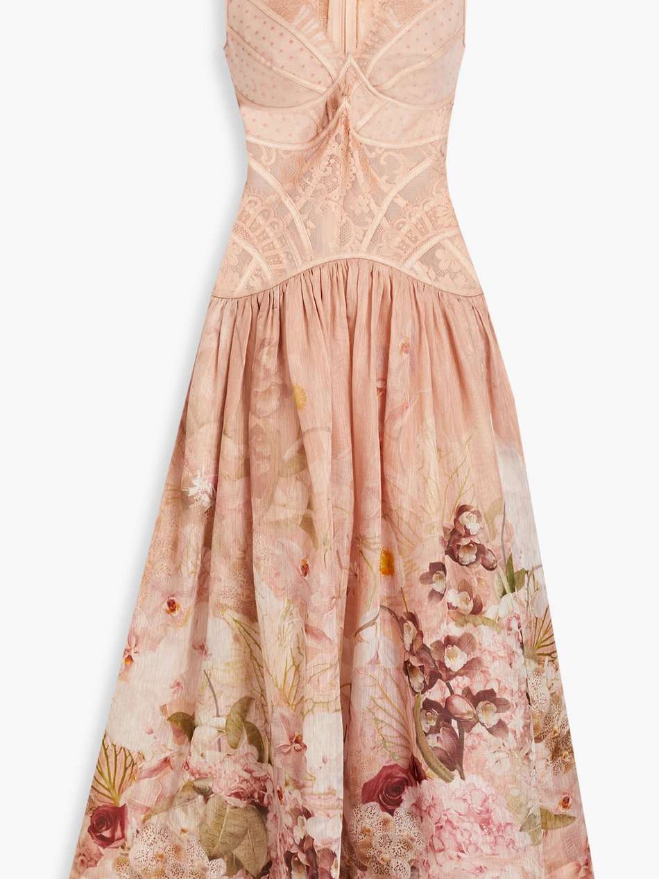 floral-print silk and linen-blend gauze, point d'esprit and lace maxi dress