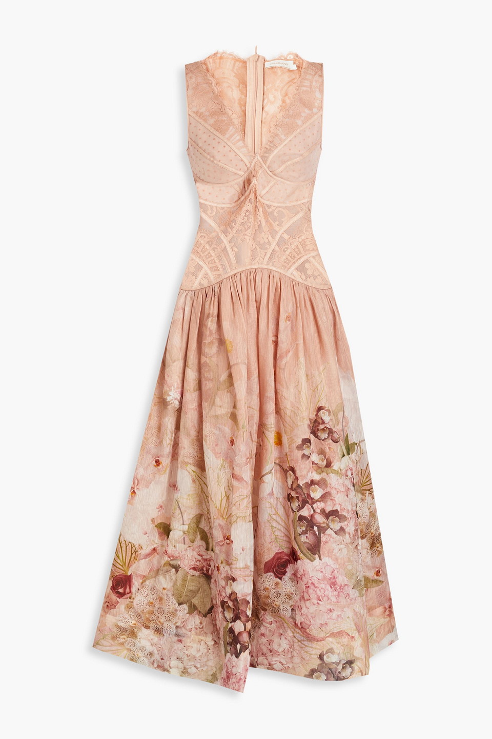 Zimmermann Dancer Lace-paneled Floral-print Silk And Linen-blend Maxi Dress In Antique Rose