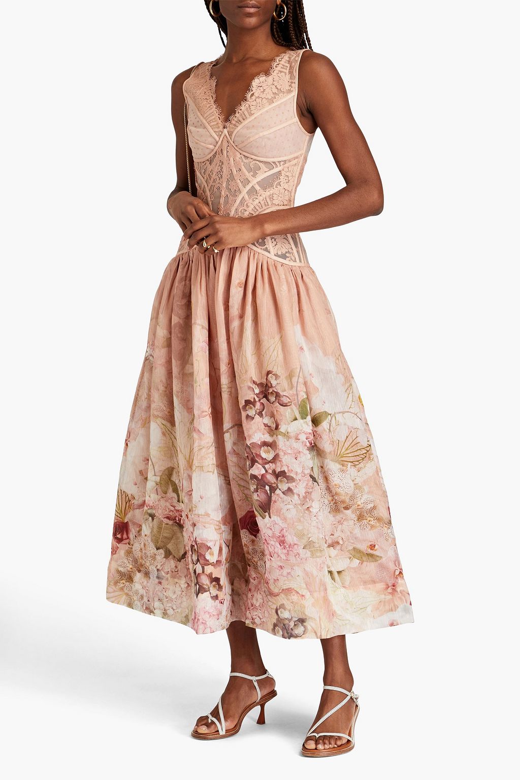 ZIMMERMANN Floral-print silk and linen-blend gauze, point d'esprit and lace maxi dress