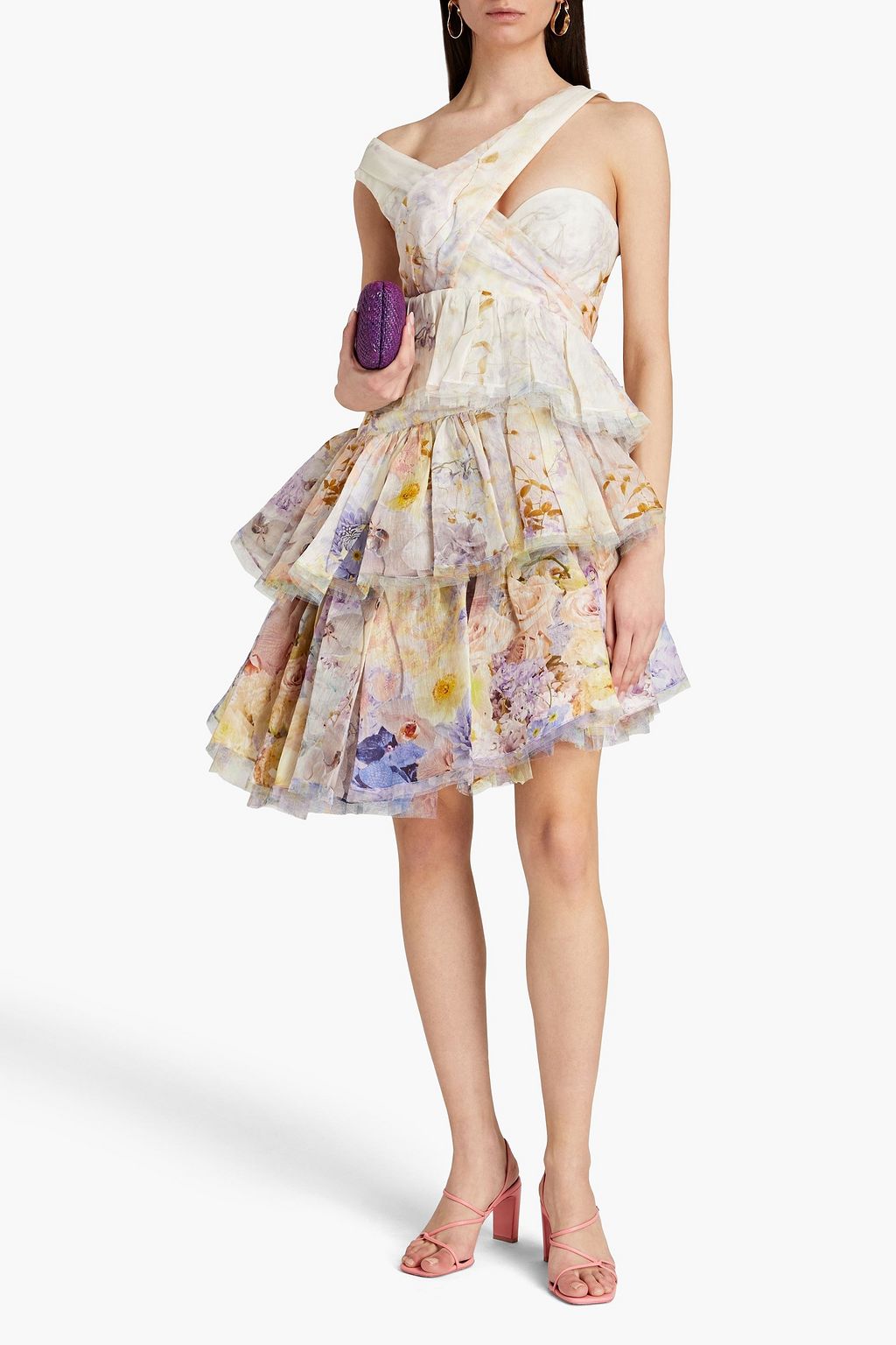 ZIMMERMANN Gestuftes Minikleid aus Gaze aus einer Seiden-Leinenmischung mit floralem Print