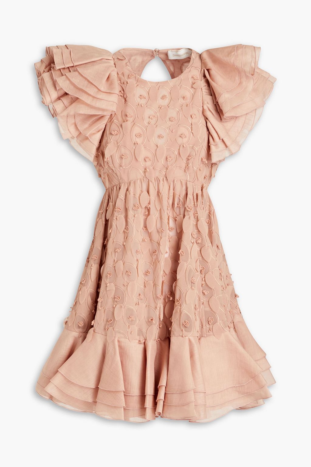 Floral appliqued ruffled gauze mini dress antique rose 0