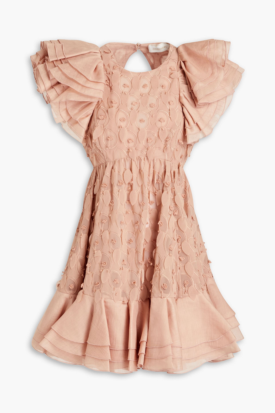 Zimmermann Floral-appliquéd Ruffled Gauze Mini Dress In Antique Rose