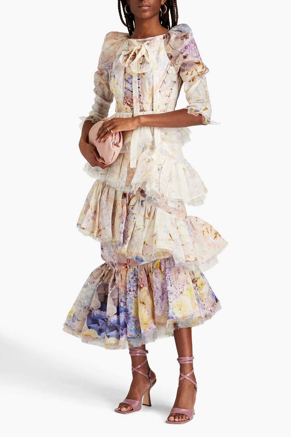 ZIMMERMANN Tiered floral-print silk and linen-blend midi dress