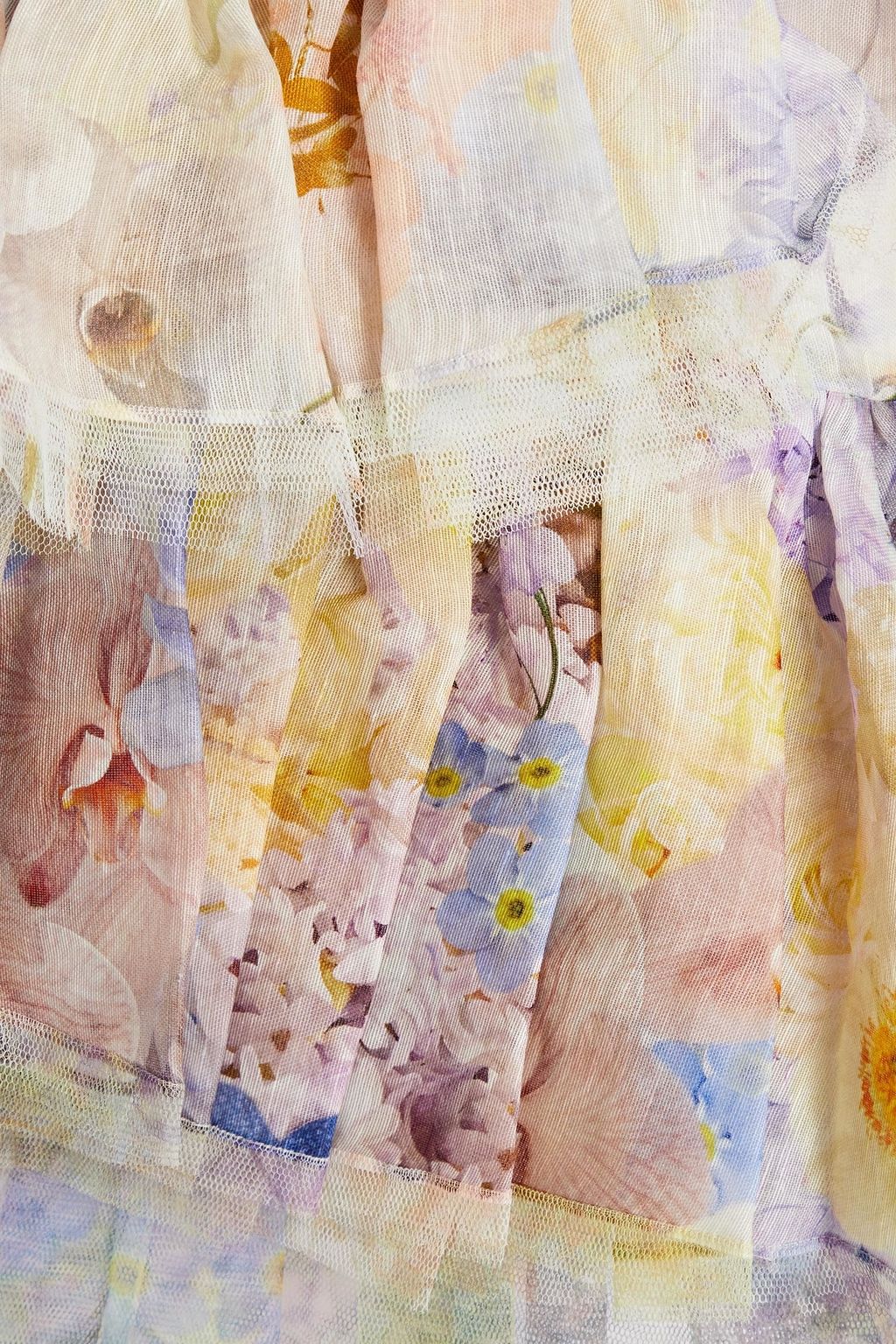 ZIMMERMANN Minirock aus Gaze aus einer Seiden-Leinenmischung mit floralem Print und Rüschen