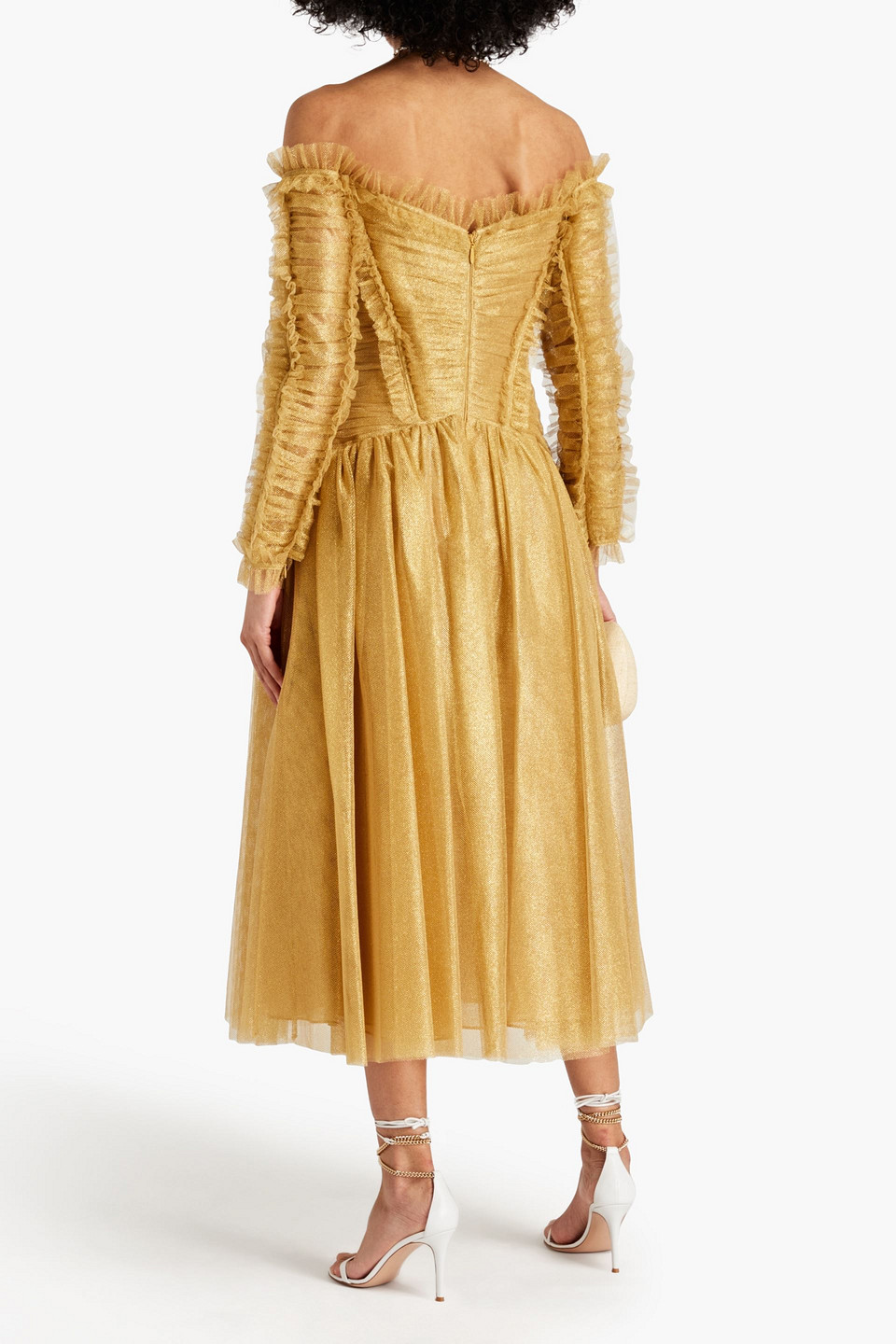 Zimmermann Prima Off-the-shoulder Gathered Metallic Tulle Midi Dress In Gold