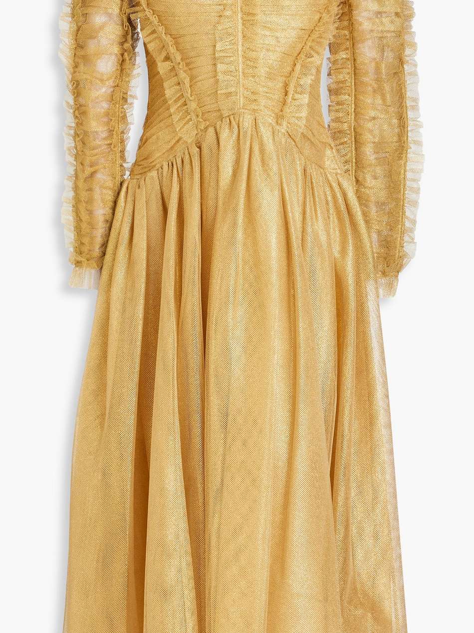 off-the-shoulder gathered metallic tulle midi dress