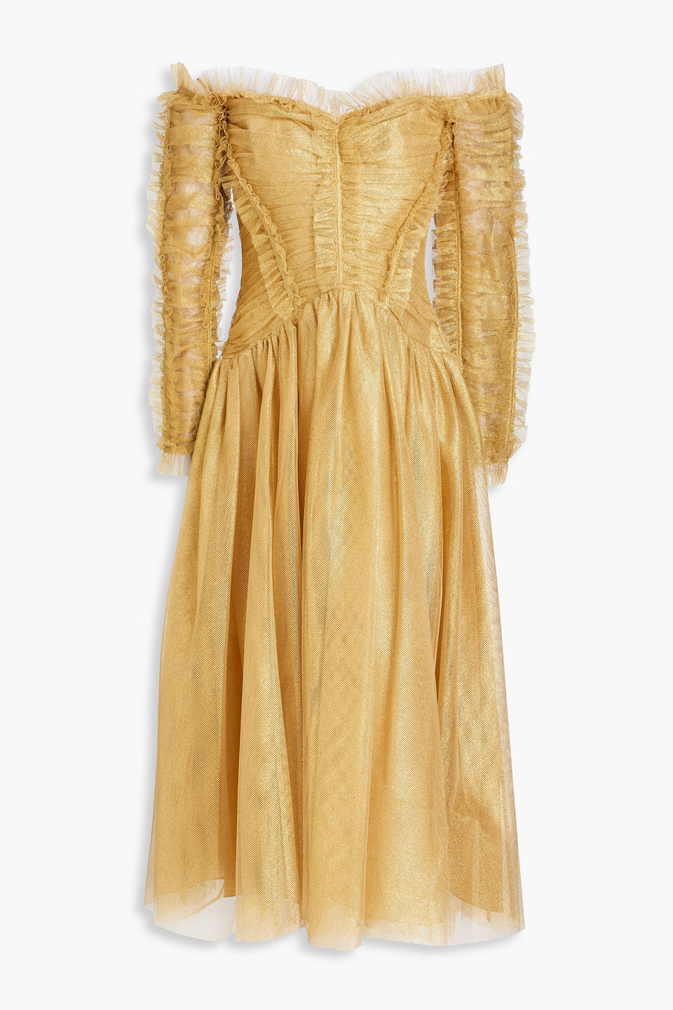 Zimmermann Prima Off-the-shoulder Gathered Metallic Tulle Midi Dress In Gold