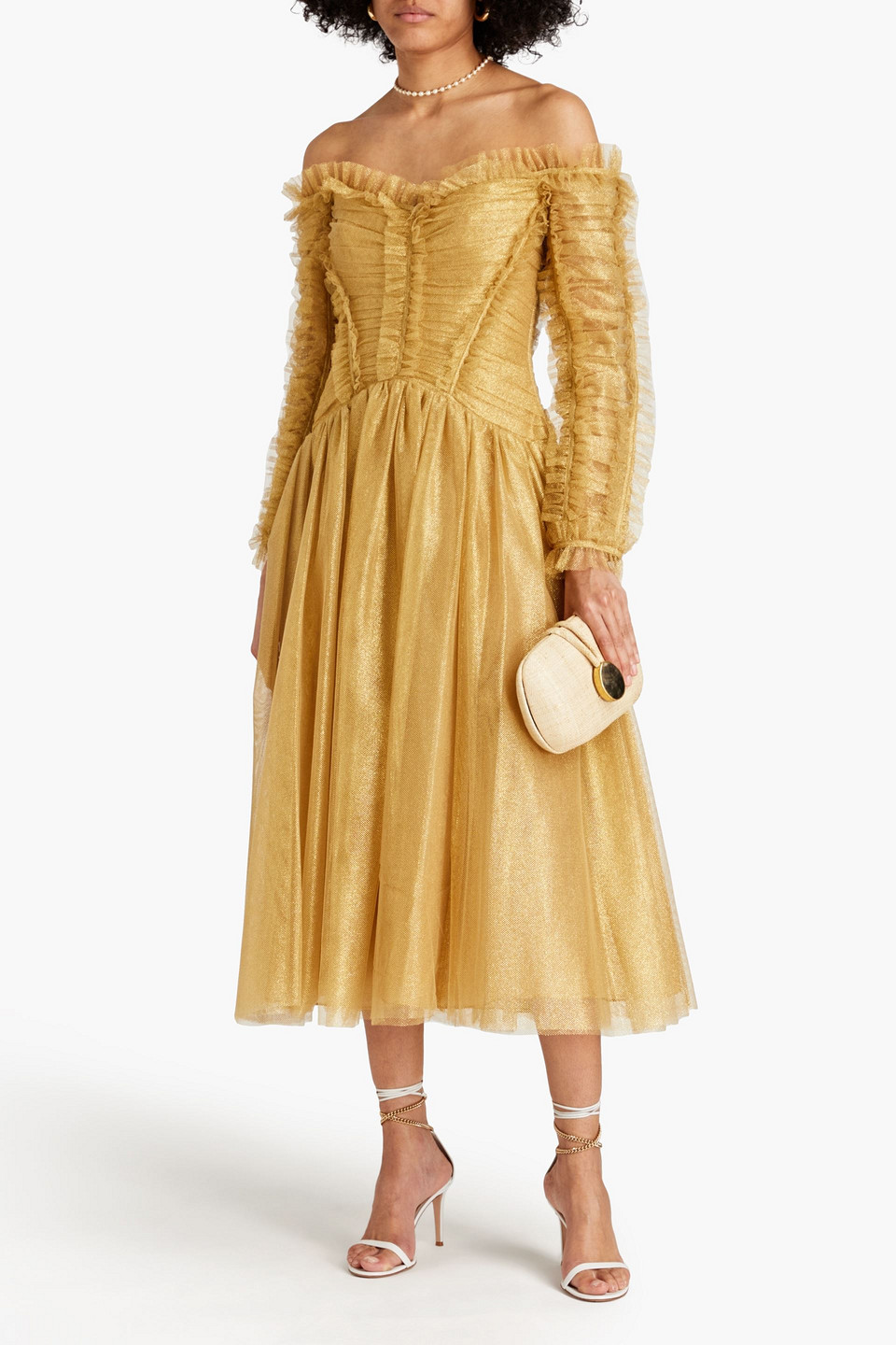 Zimmermann Prima Off-the-shoulder Gathered Metallic Tulle Midi Dress In Gold