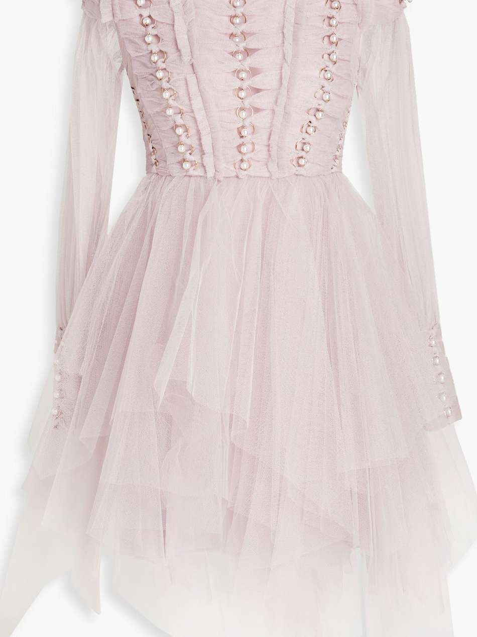 off-the-shoulder embellished tulle mini dress