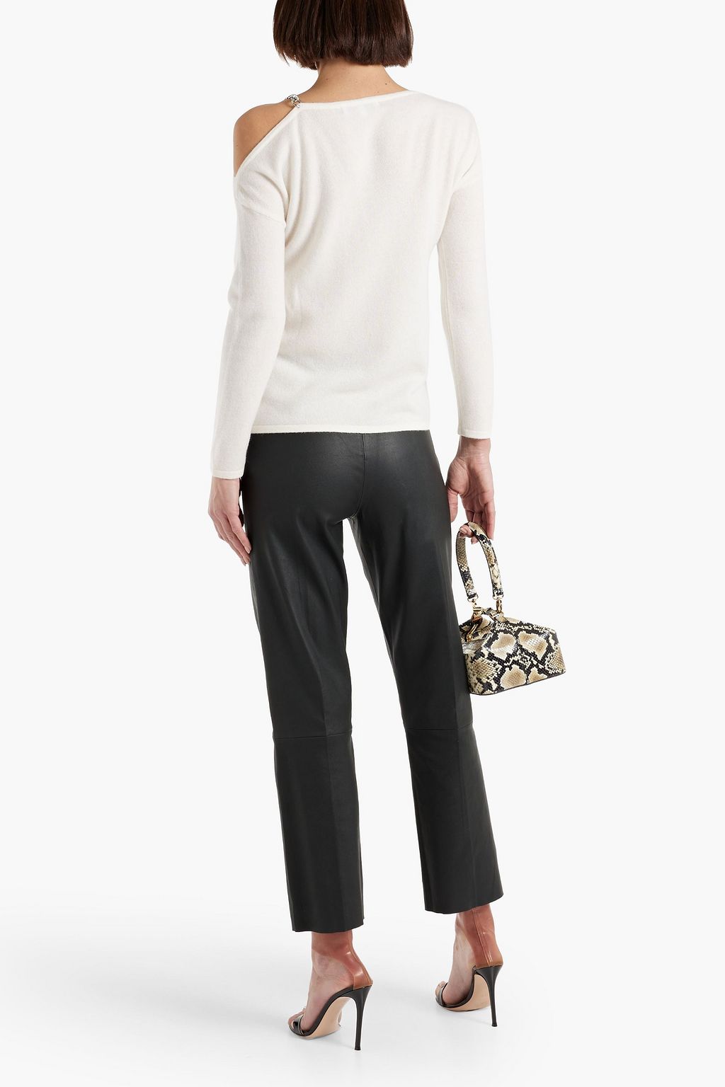 KAREN THOMAS Cold-shoulder chain-trimmed twisted cashmere top