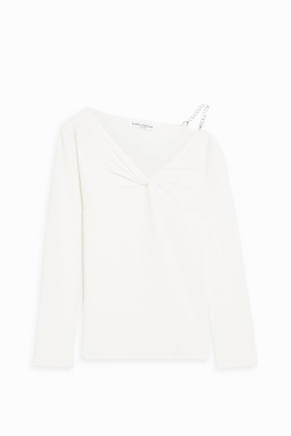 Cold-shoulder chain-trimmed twisted cashmere top