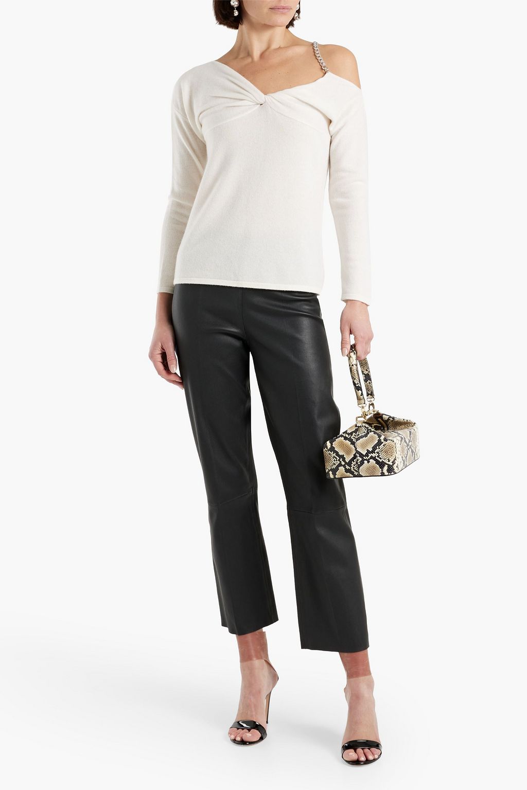 KAREN THOMAS Cold-shoulder chain-trimmed twisted cashmere top