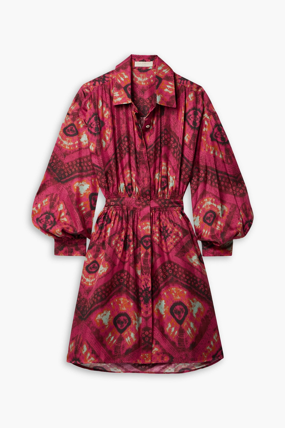 Shop Ulla Johnson Jude Shirred Printed Silk-twill Mini Shirt Dress In Fuchsia