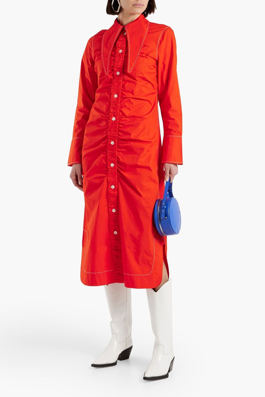 GANNI Ruched cotton-poplin midi shirt dress