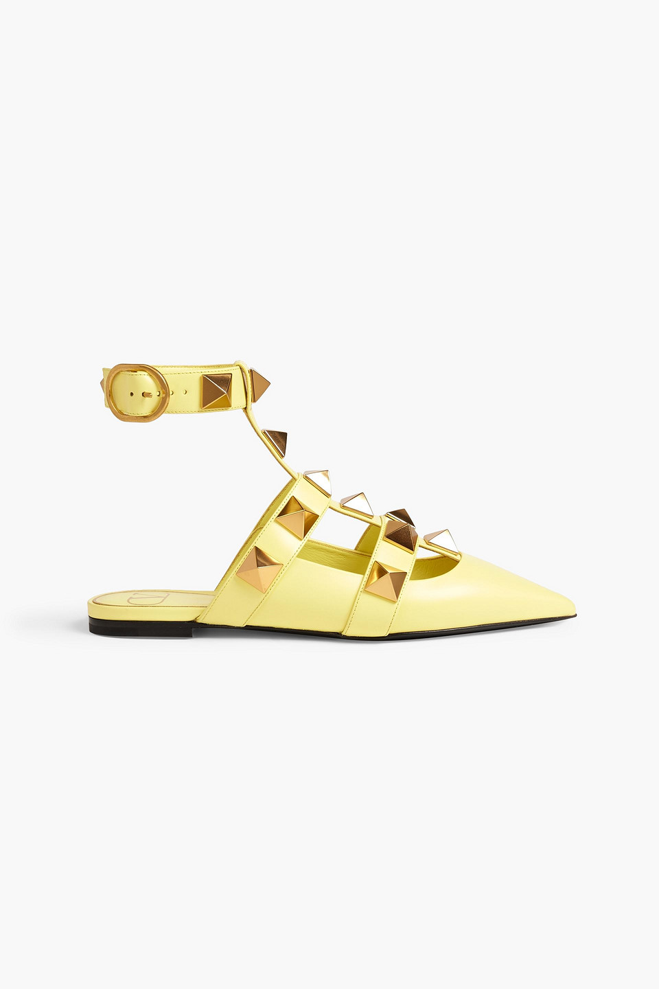 Shop Valentino Roman Stud Leather Point-toe Flats In Pastel Yellow