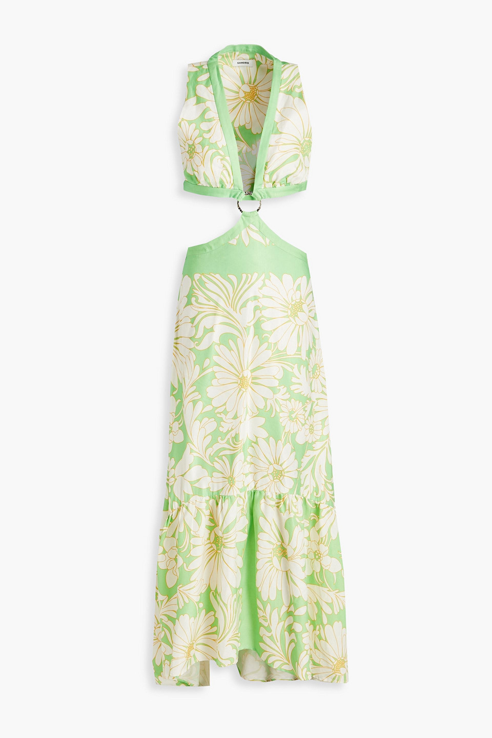 Sandro Ludmila Cutout Floral-print Satin-twill Maxi Dress In Hellgrün
