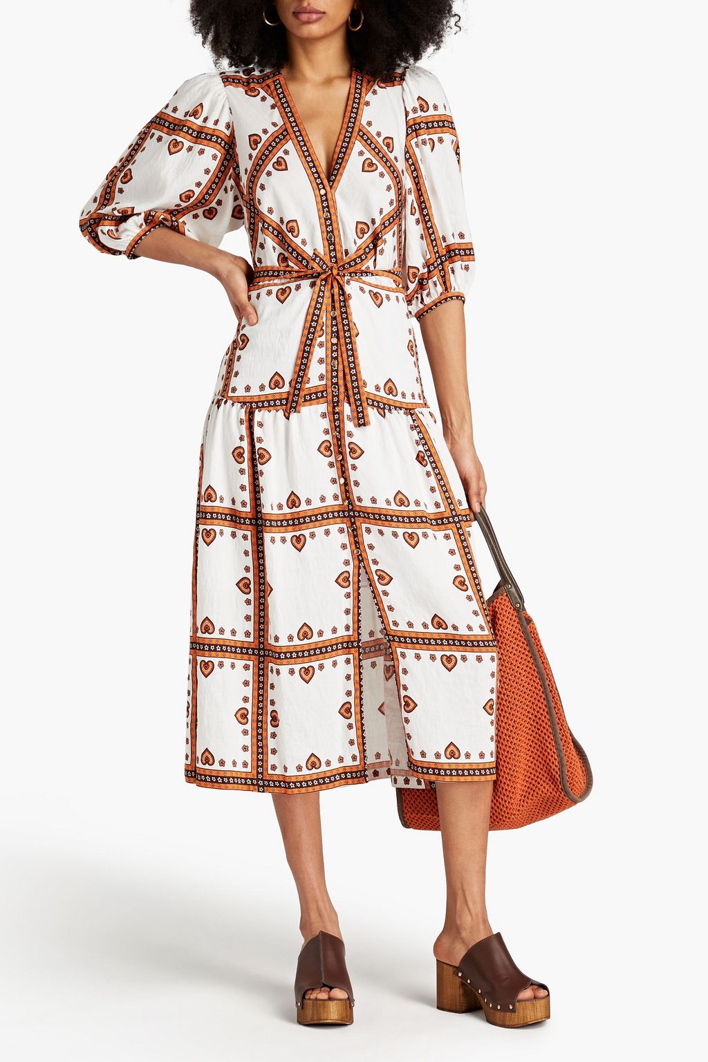 SANDRO Belted embellished printed twill midi dress