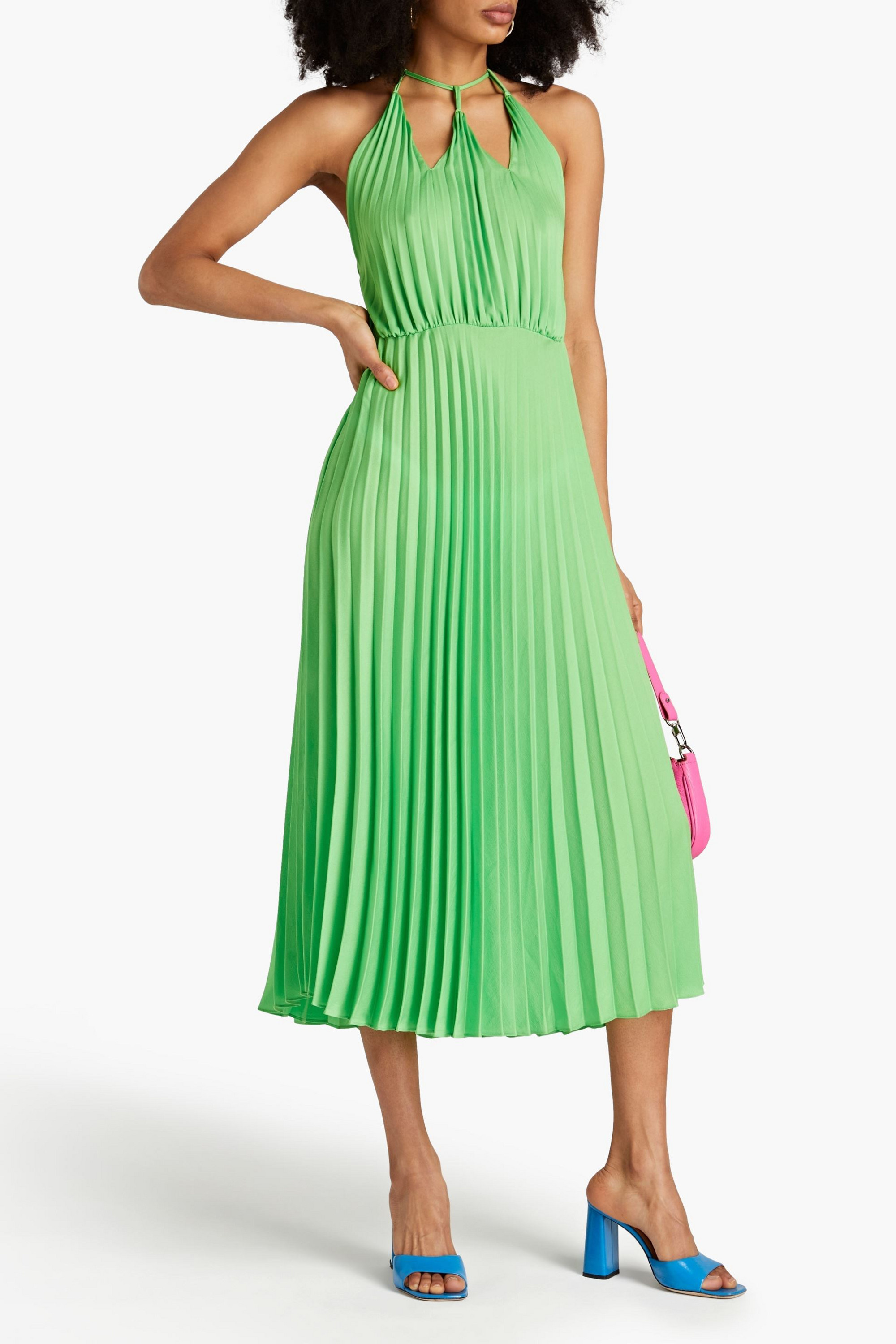 SANDRO Cutout pleated crepe de chine midi dress