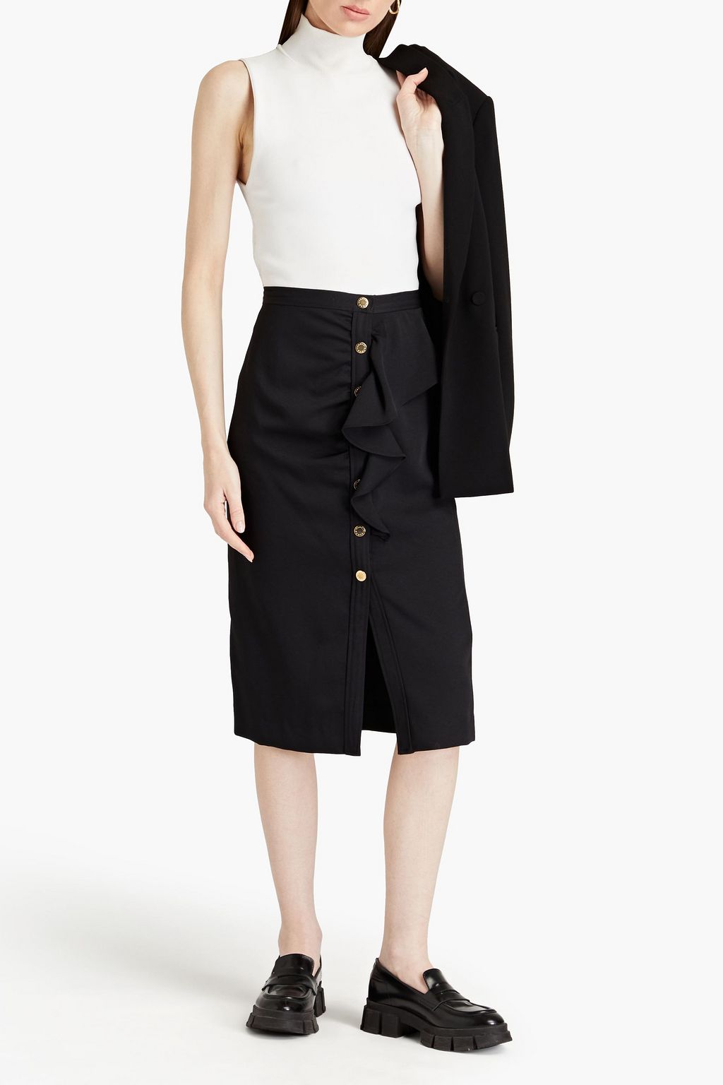 SANDRO Ruffled twill midi skirt