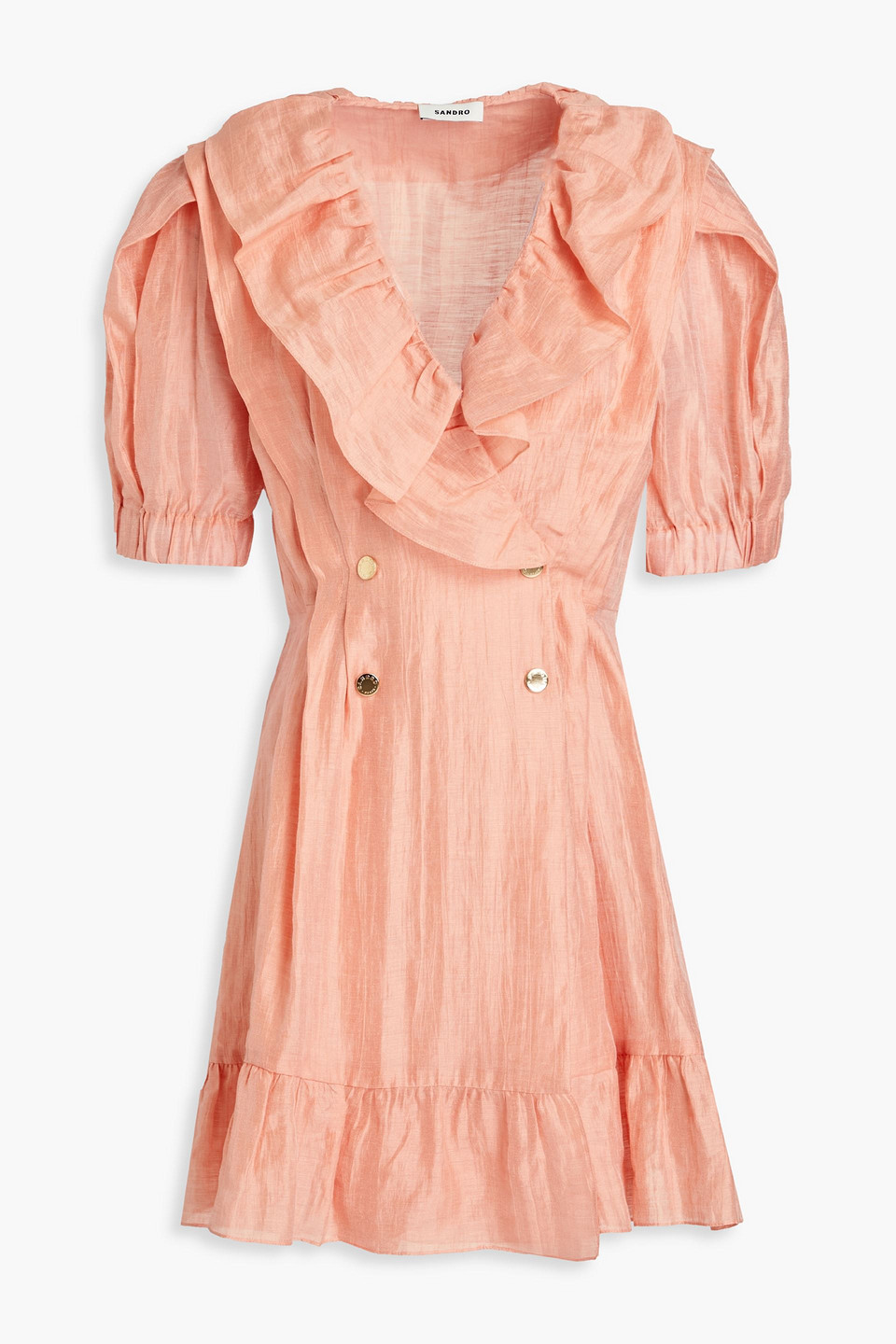 Sandro Milo Double-breasted Ruffled Linen-blend Mini Dress In Pink