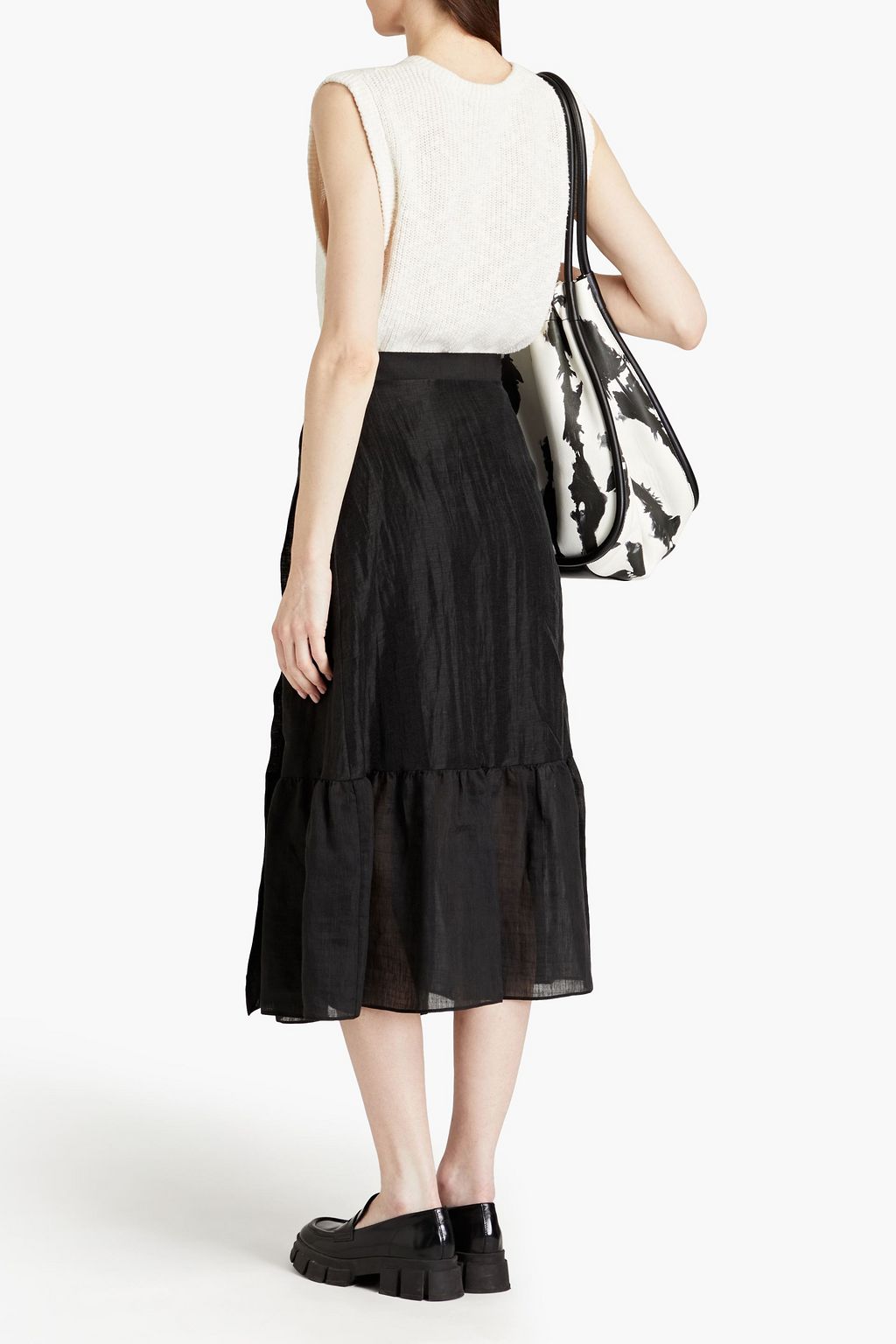 SANDRO Eleah gathered linen-blend midi wrap skirt