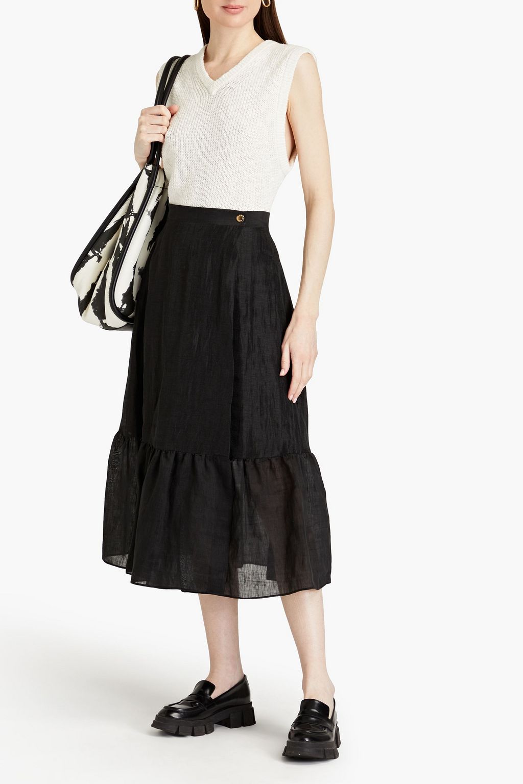 SANDRO Eleah gathered linen-blend midi wrap skirt