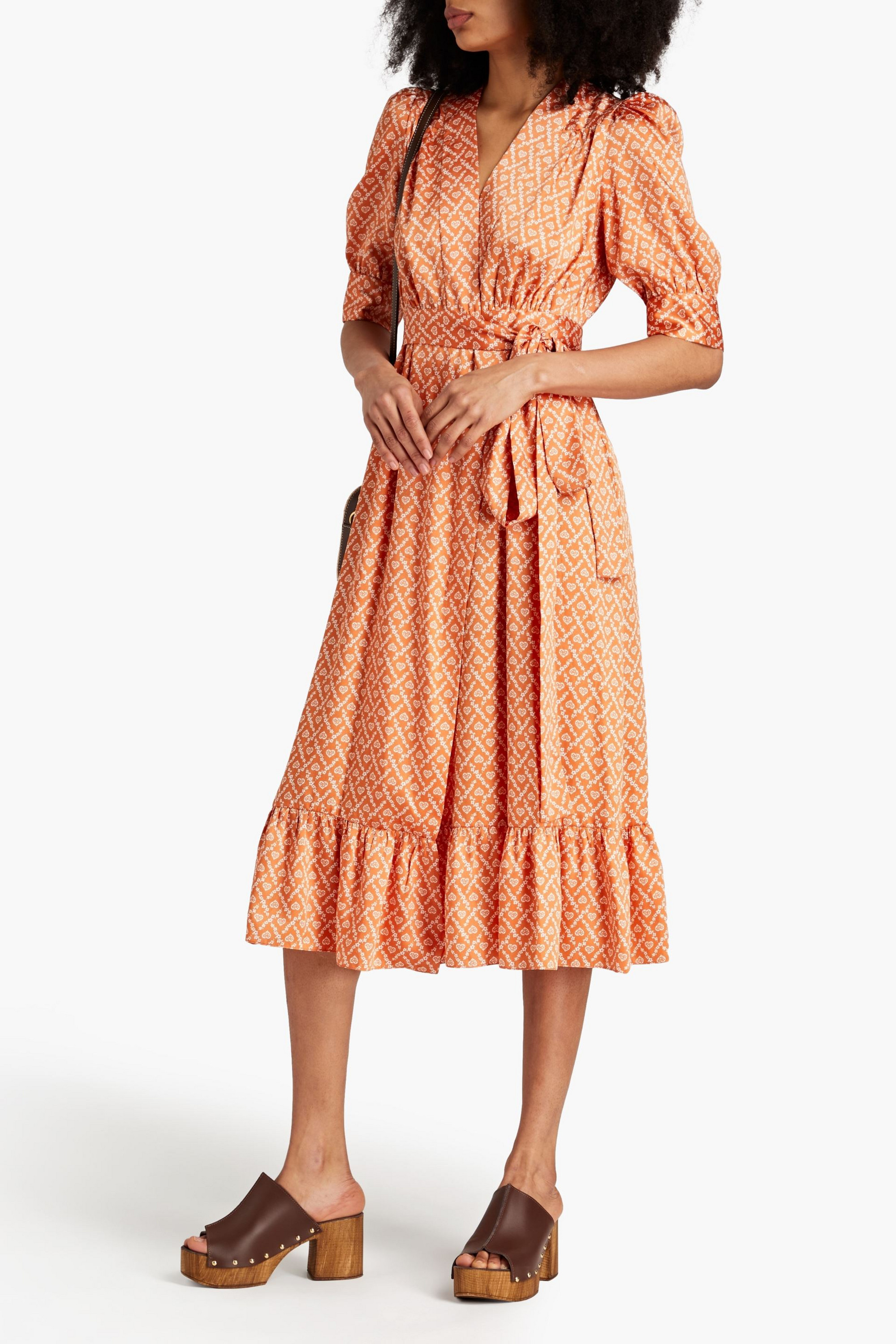 SANDRO Printed satin-twill midi wrap dress