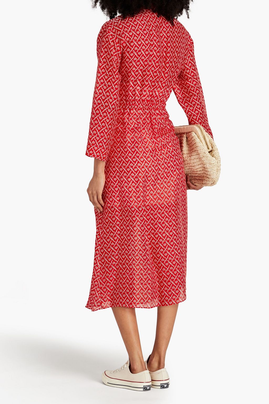 SANDRO Ruched printed linen and silk-blend midi dress