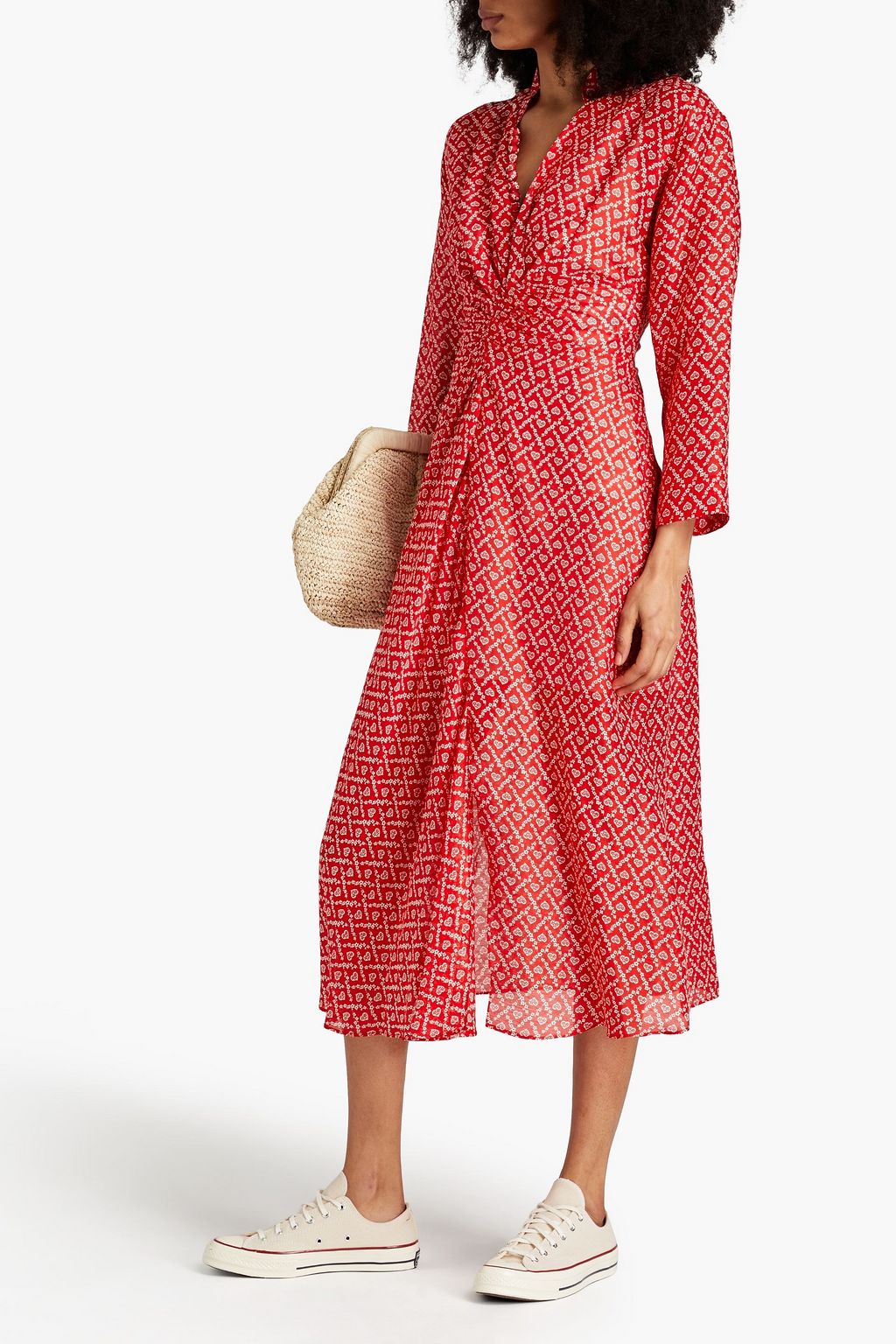 SANDRO Ruched printed linen and silk-blend midi dress