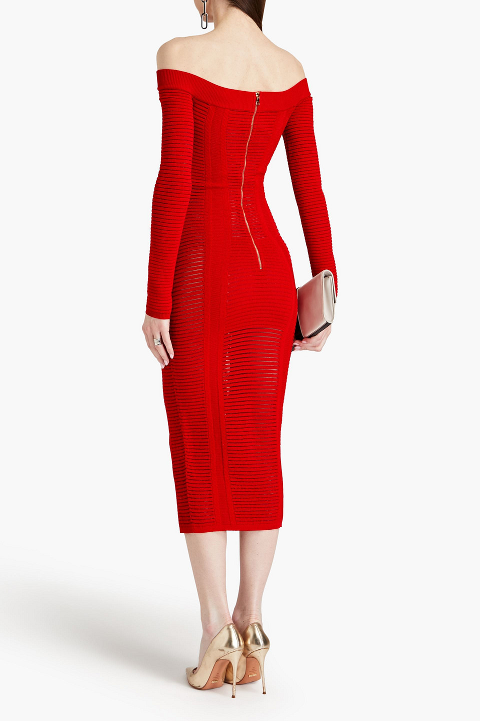  Balmain - Schulterfreies Midikleid Aus Jacquard - Rot - Fr 34 
