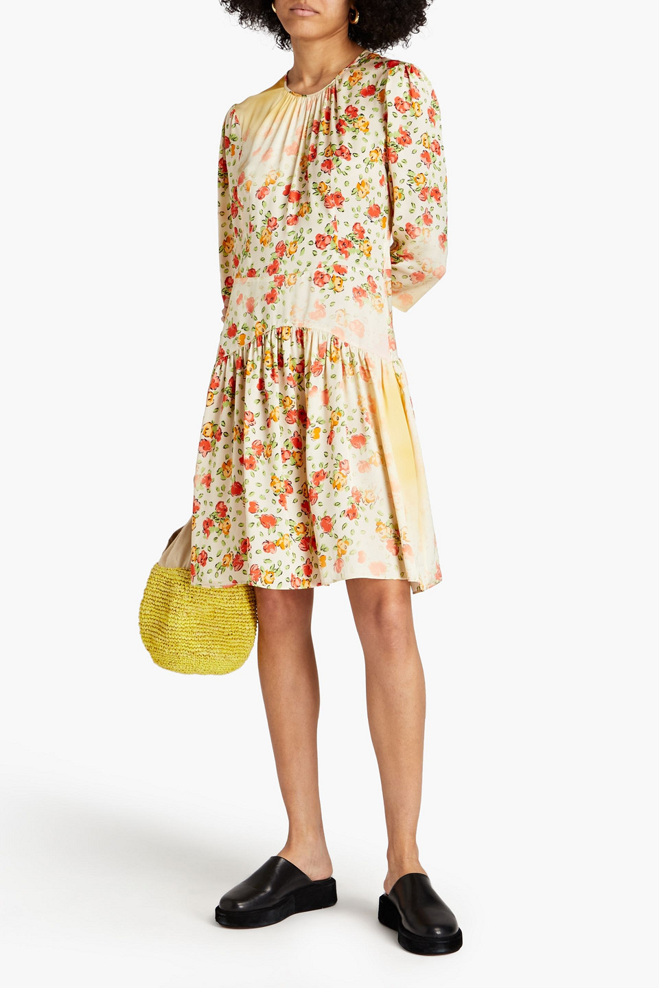 Marni Gathered Floral-print Satin Mini Dress In Cream
