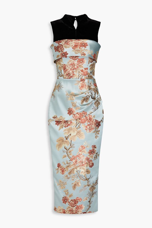 Satin-paneled floral-jacquard midi dress